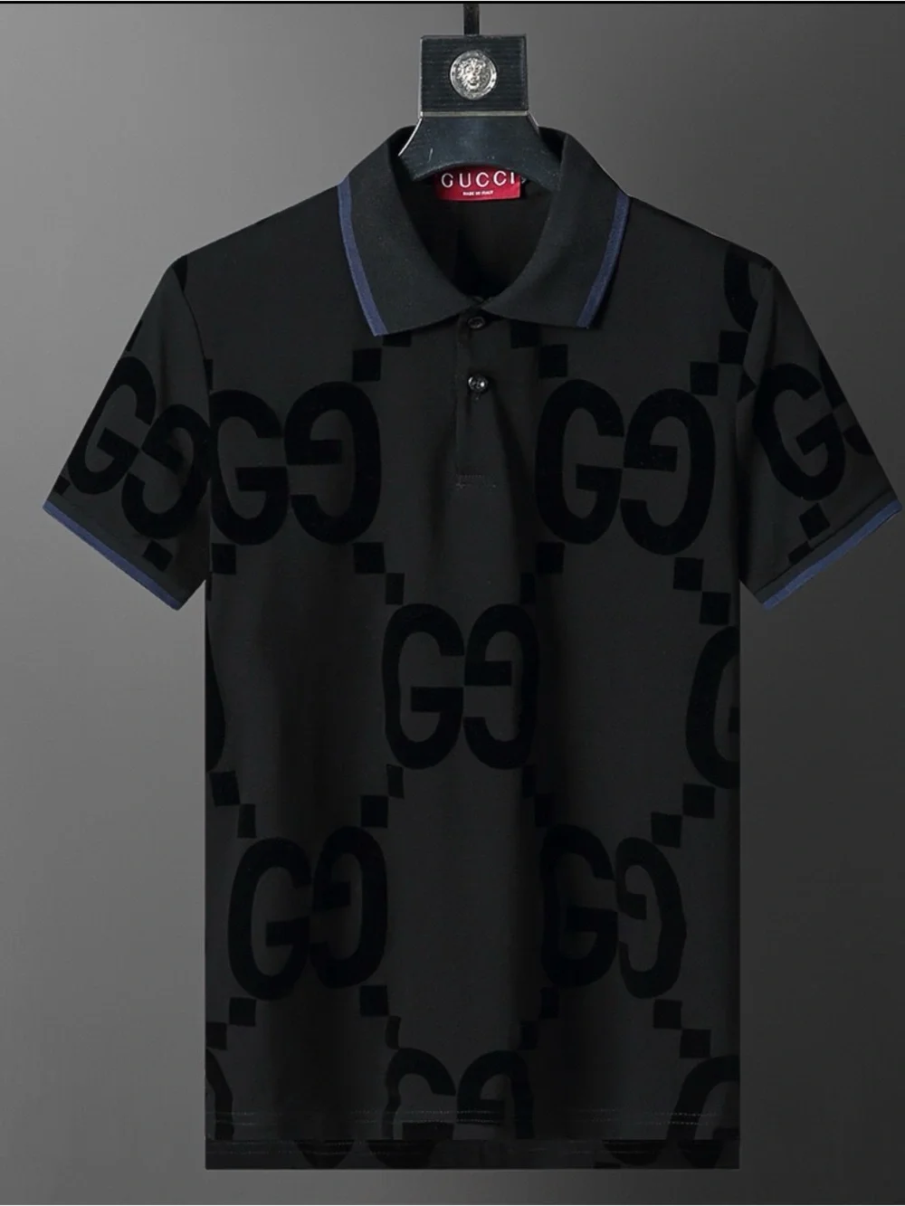 Gucci Black Polo with Tonal GG Jacquard and Navy Trim